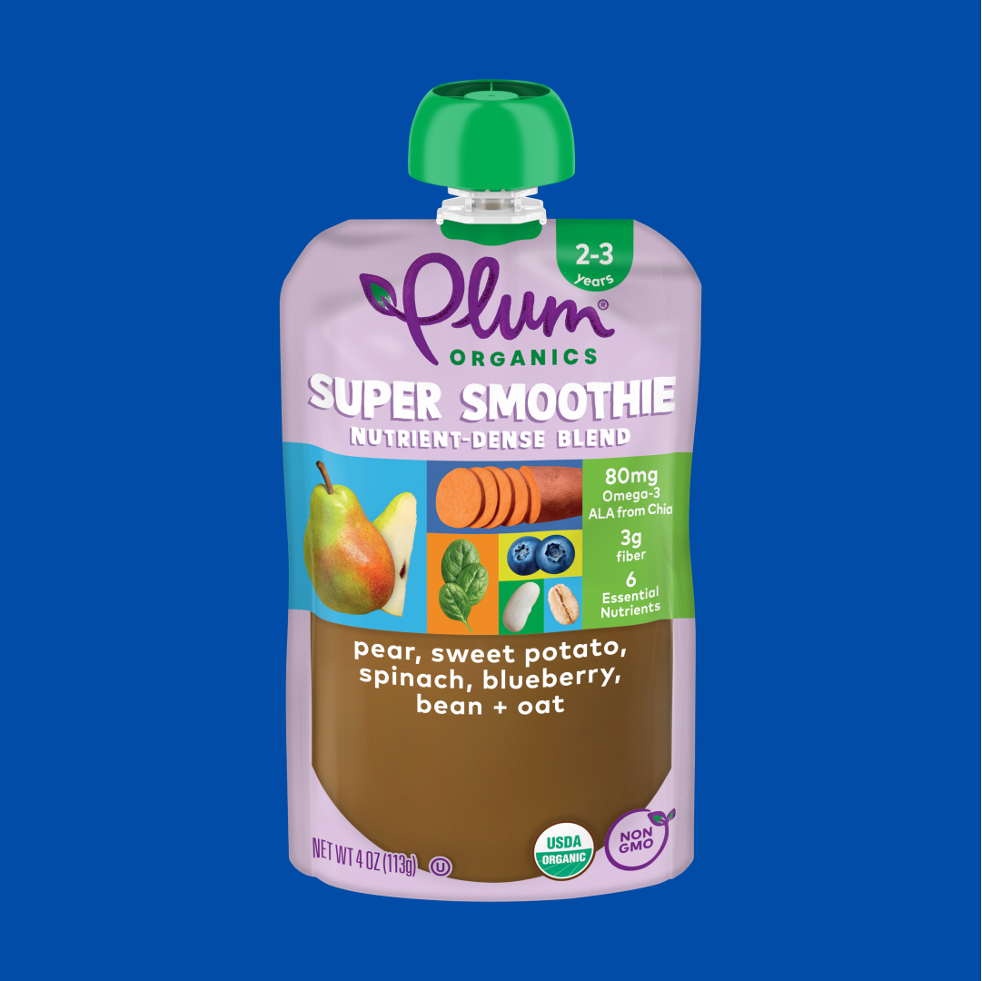 super smoothie pouch with pear, sweet potato, spinach, blueberry, bean, and oat