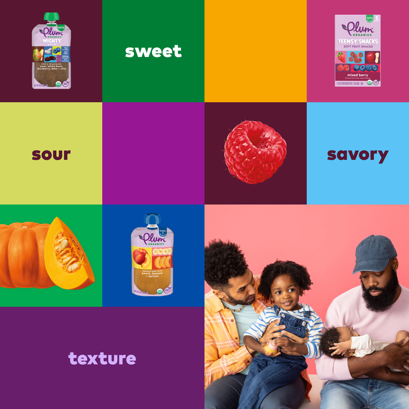 2 fathers with children collage surrounded by sweet, sour, and texture flavors