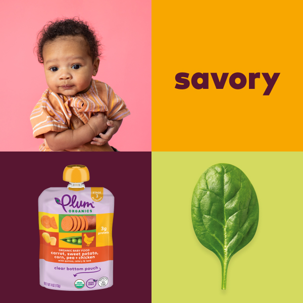 savory ingredients collage featuring spinach, cute baby, and plum pouch