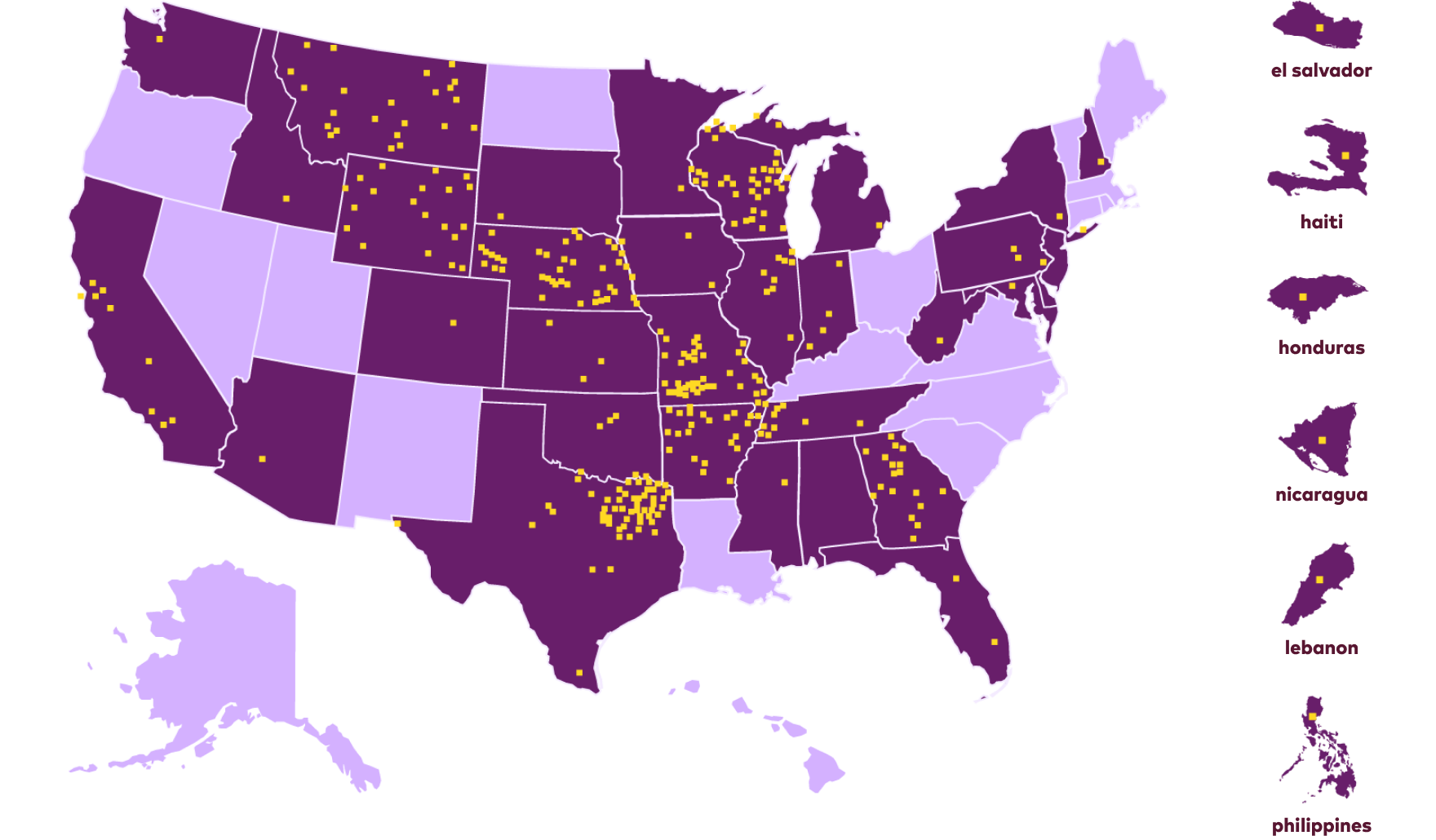 map of the united states and countries showing plum's reach of pouches given to children