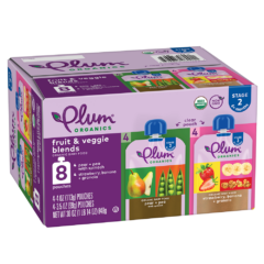 pear + pea with spinach & strawberry, banana + granola